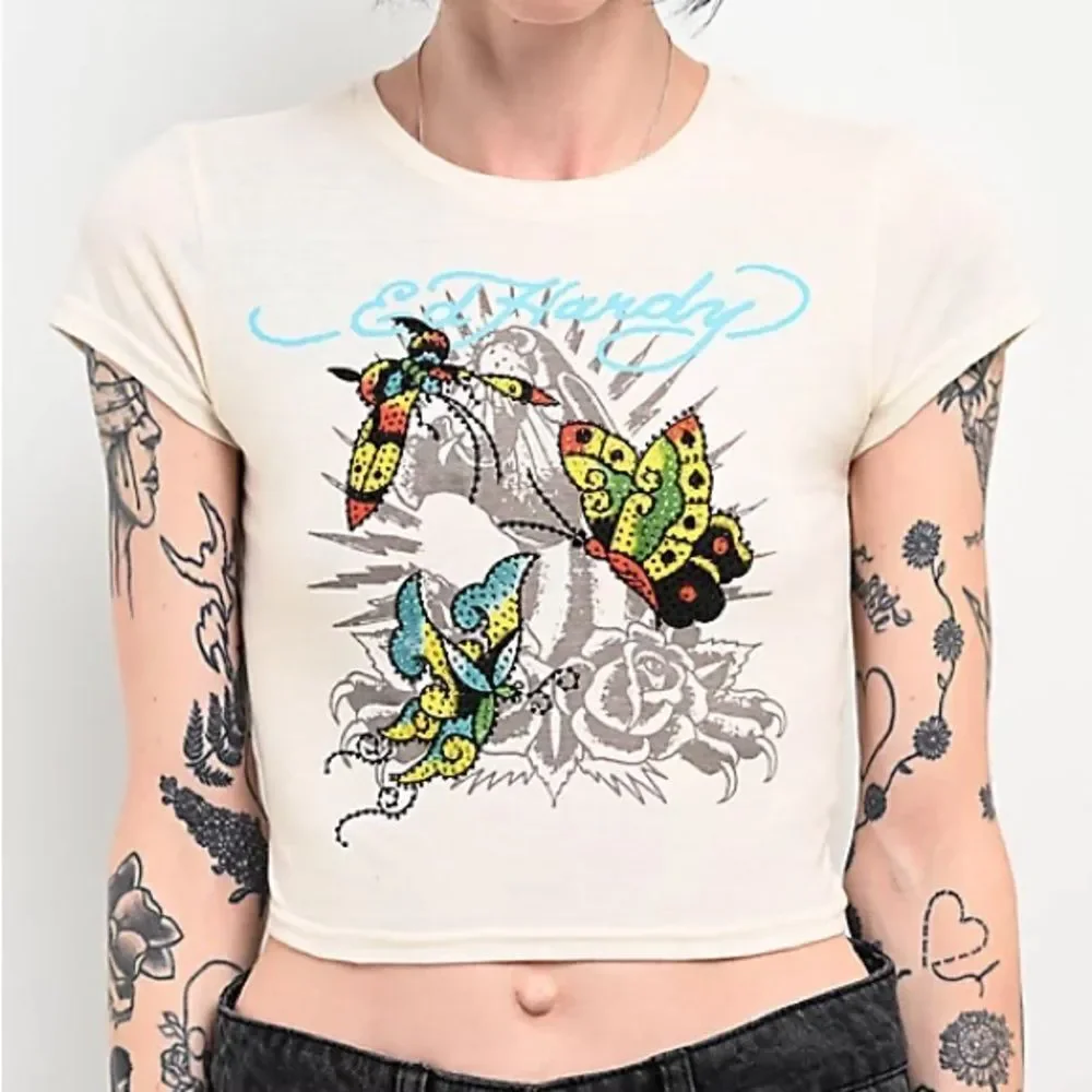 Ed Hardy True Eagle Rhinestone Natural Crop T-Shirt Cream Size Small